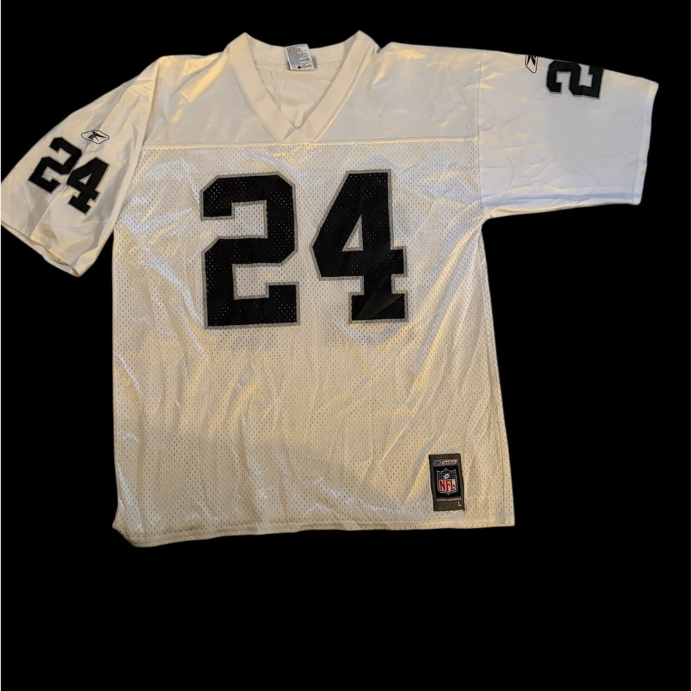 Vintage Reebok #24 Charles Woodson White L/G Mesh Polyester Jersey Tag